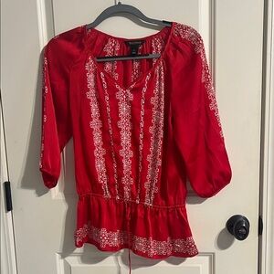 White House Black Market Red Blouse with White Embroidery